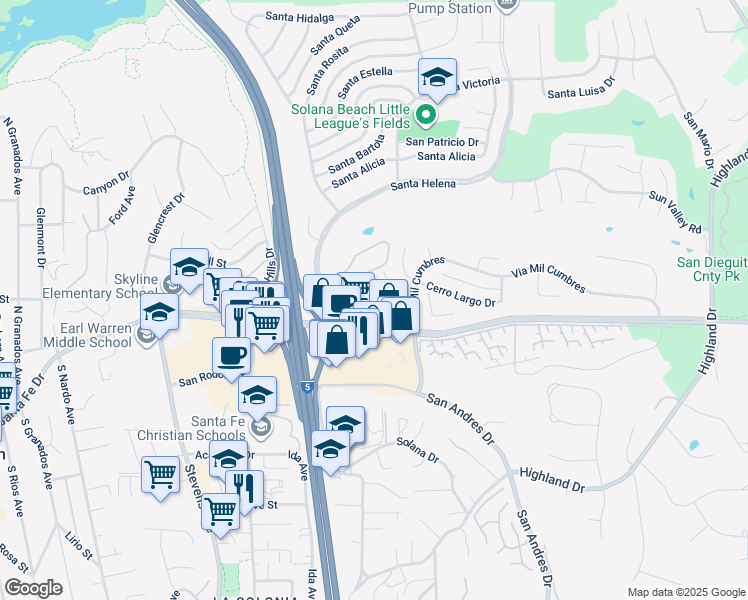 map of restaurants, bars, coffee shops, grocery stores, and more near 930 Via Mil Cumbres in Solana Beach