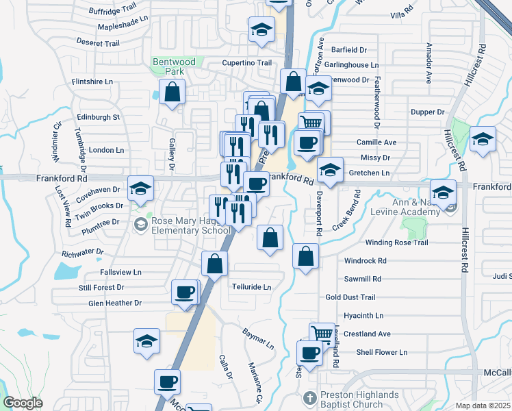 map of restaurants, bars, coffee shops, grocery stores, and more near 17960 Preston Road in Dallas