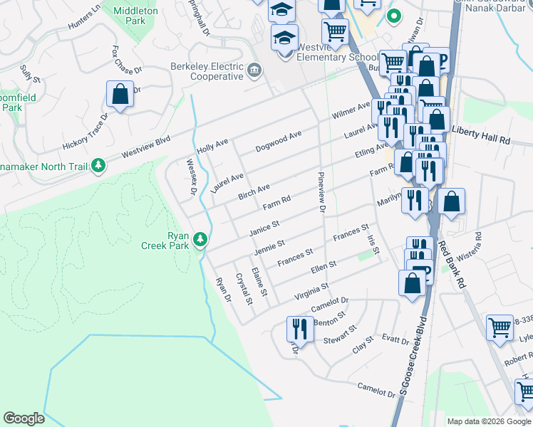 map of restaurants, bars, coffee shops, grocery stores, and more near 227 Farm Road in Goose Creek