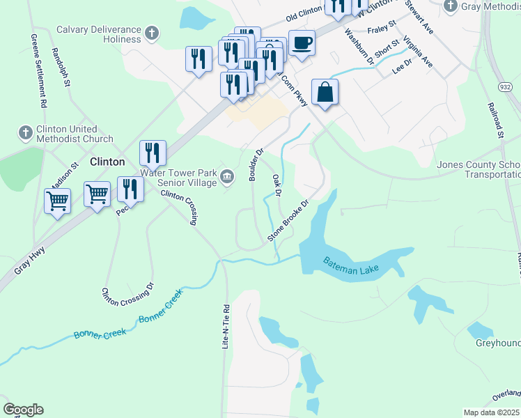 map of restaurants, bars, coffee shops, grocery stores, and more near 1091 Boulder Drive in Gray