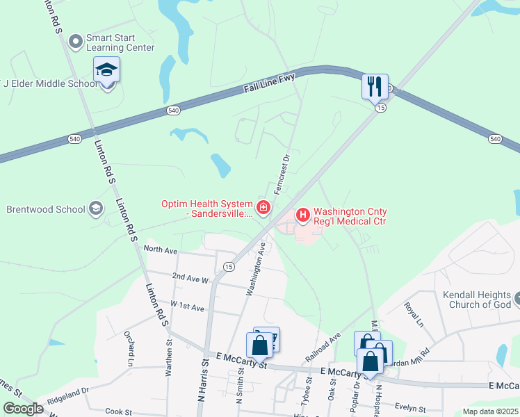 map of restaurants, bars, coffee shops, grocery stores, and more near 609 Ferncrest Drive in Sandersville