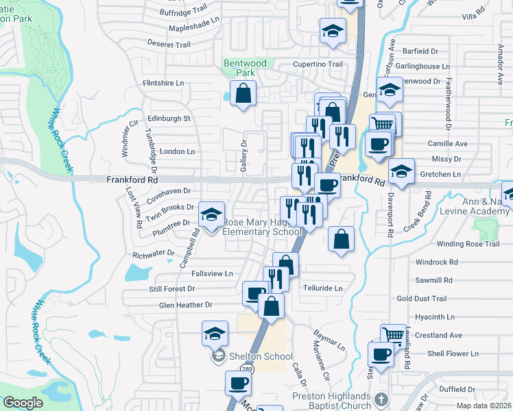 map of restaurants, bars, coffee shops, grocery stores, and more near 18003 Firecrest Court in Dallas