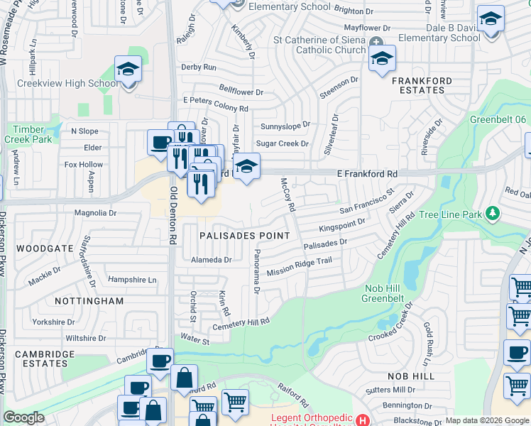 map of restaurants, bars, coffee shops, grocery stores, and more near 1508 Joy Drive in Carrollton