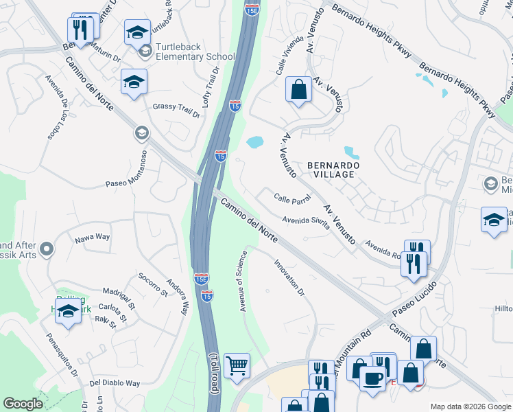 map of restaurants, bars, coffee shops, grocery stores, and more near 11753 Avenida Sivrita in San Diego