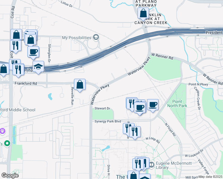 map of restaurants, bars, coffee shops, grocery stores, and more near 3400 Waterview Parkway in Richardson