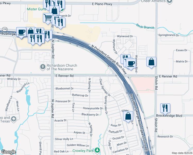map of restaurants, bars, coffee shops, grocery stores, and more near 3307 Morning Glory Way in Richardson