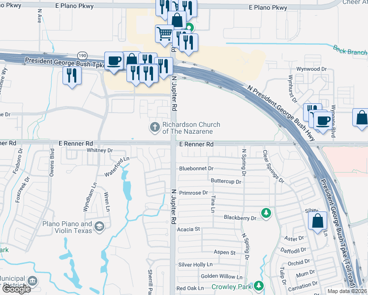 map of restaurants, bars, coffee shops, grocery stores, and more near 2201 Morning Glory Drive in Richardson