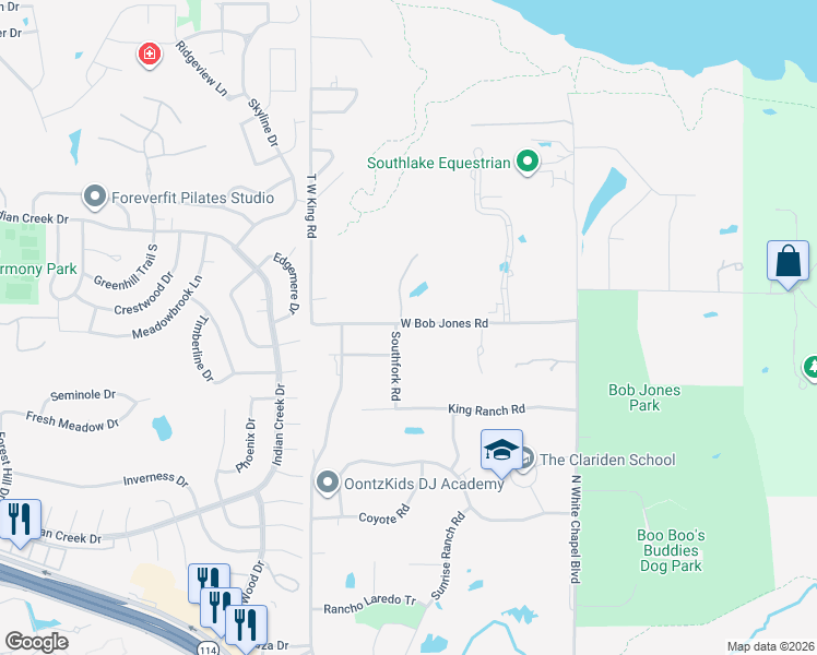 map of restaurants, bars, coffee shops, grocery stores, and more near 4105 Southfork Road in Southlake