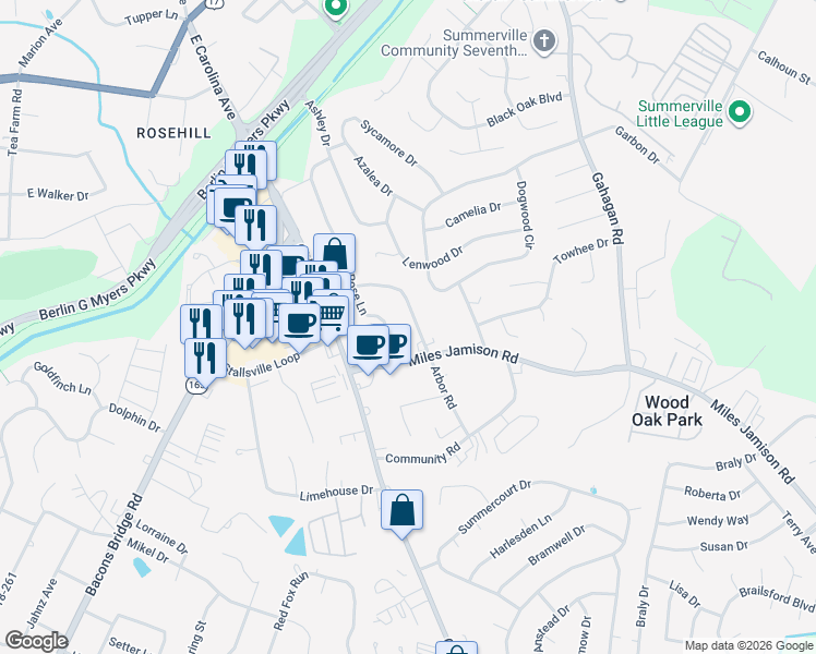 map of restaurants, bars, coffee shops, grocery stores, and more near 511 Rose Lane in Summerville