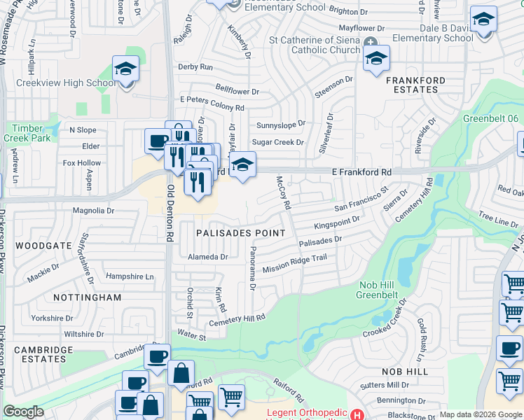 map of restaurants, bars, coffee shops, grocery stores, and more near 1508 Joy Drive in Carrollton
