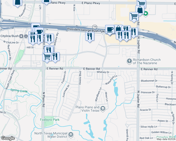 map of restaurants, bars, coffee shops, grocery stores, and more near 1701 Whitney Drive in Richardson