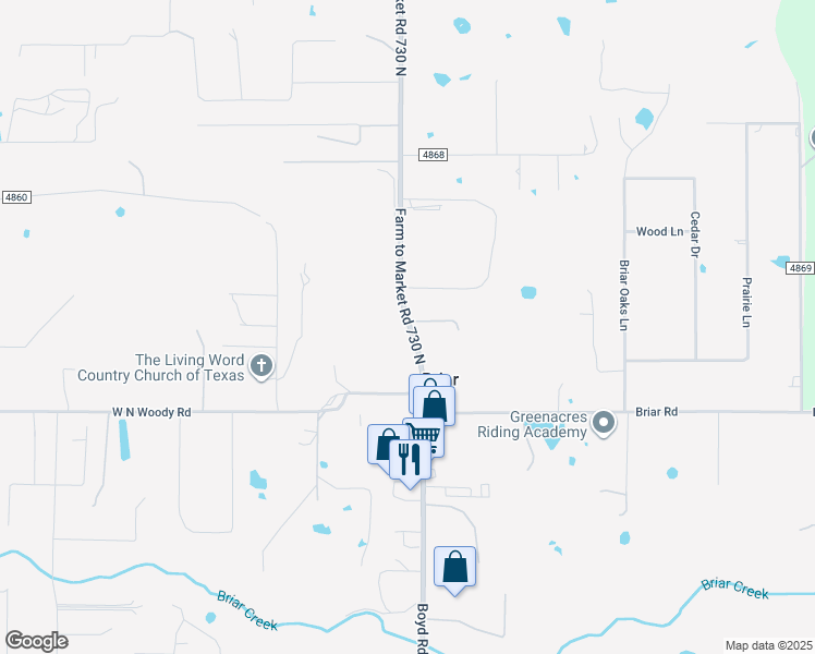 map of restaurants, bars, coffee shops, grocery stores, and more near 94 Farm to Market Road 730 North in Azle