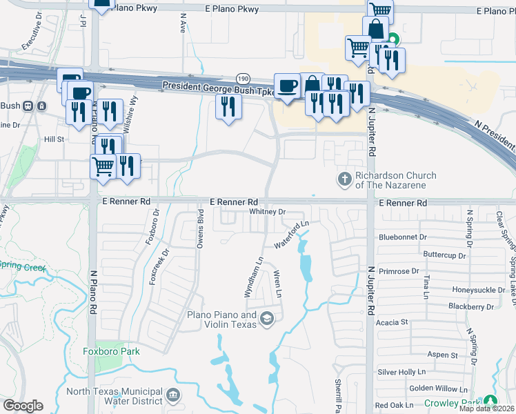 map of restaurants, bars, coffee shops, grocery stores, and more near 1709 East Renner Road in Richardson