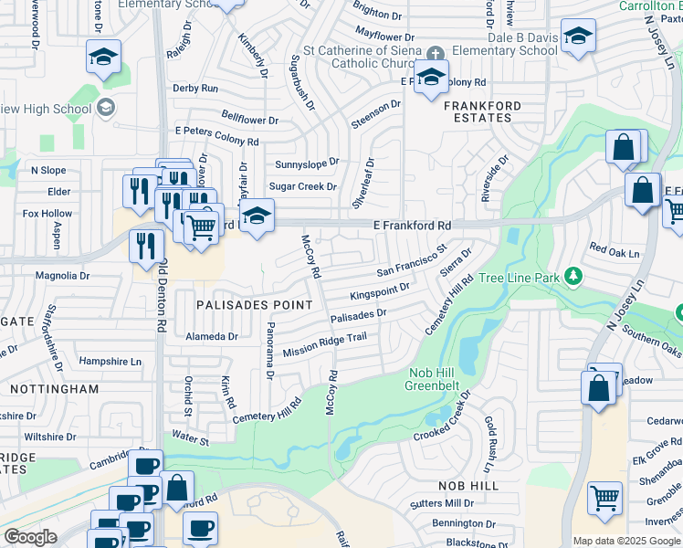 map of restaurants, bars, coffee shops, grocery stores, and more near 1613 San Francisco Street in Carrollton