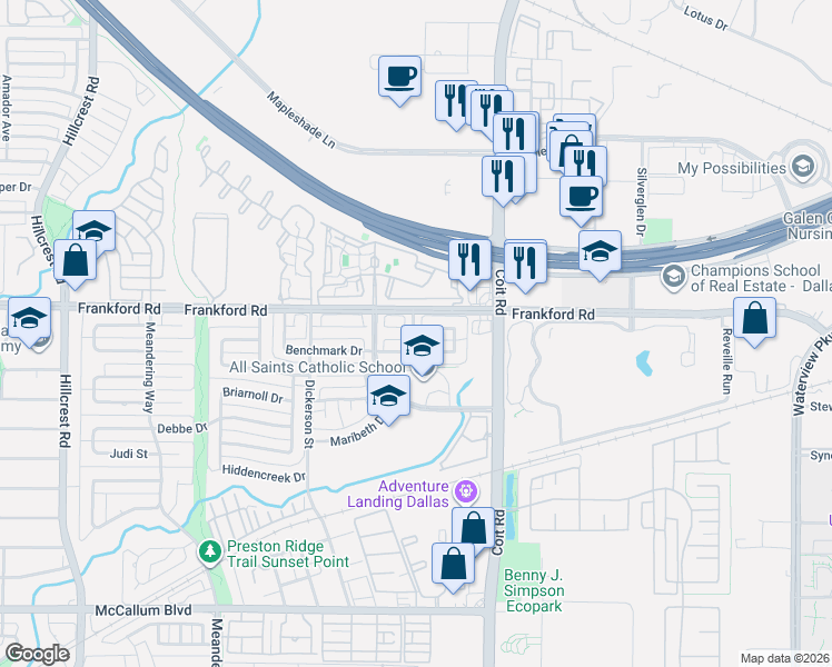 map of restaurants, bars, coffee shops, grocery stores, and more near 7704 Worthing Street in Dallas