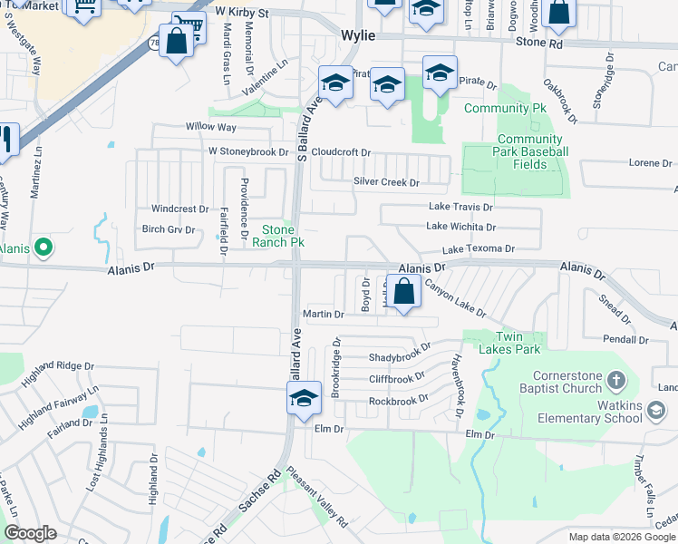 map of restaurants, bars, coffee shops, grocery stores, and more near 1100 Dodd Drive in Wylie