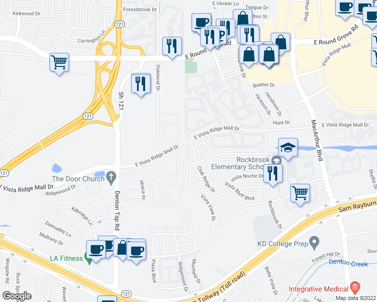 map of restaurants, bars, coffee shops, grocery stores, and more near 2700 Club Ridge Drive in Lewisville