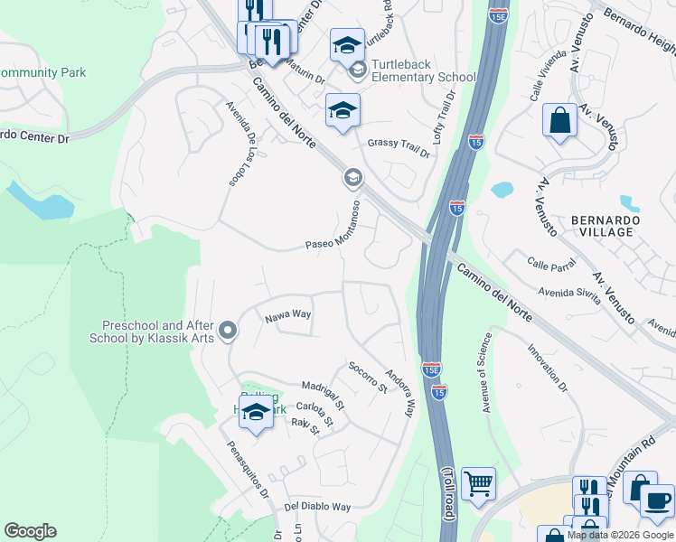 map of restaurants, bars, coffee shops, grocery stores, and more near 15580 Andorra Way in San Diego