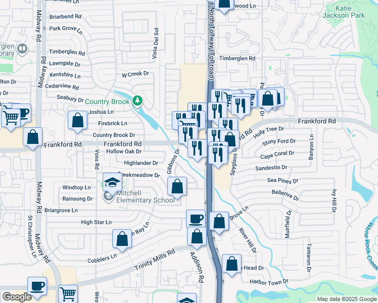 map of restaurants, bars, coffee shops, grocery stores, and more near 4520 Frankford Road in Dallas