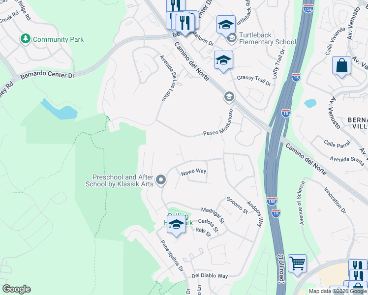 map of restaurants, bars, coffee shops, grocery stores, and more near 15615 Paymogo Street in San Diego