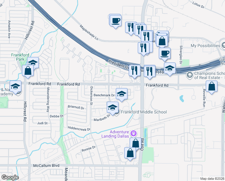 map of restaurants, bars, coffee shops, grocery stores, and more near 7604 Worthing Street in Dallas