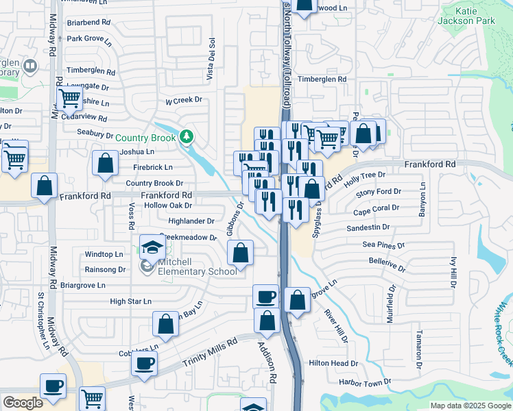 map of restaurants, bars, coffee shops, grocery stores, and more near 4520 Frankford Road in Dallas
