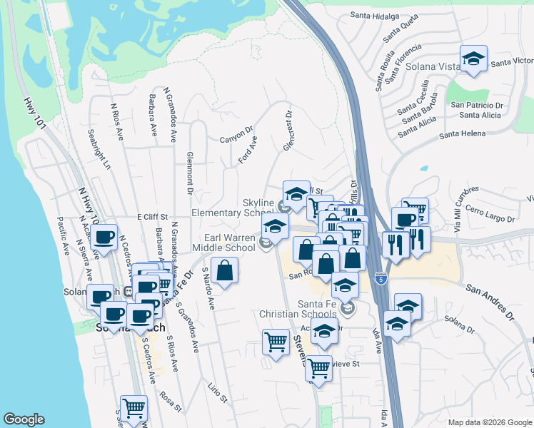 map of restaurants, bars, coffee shops, grocery stores, and more near 326 Glencrest Drive in Solana Beach