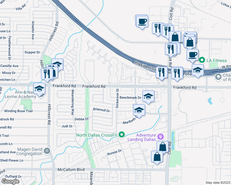map of restaurants, bars, coffee shops, grocery stores, and more near 7412 Hour Glass Cir in Dallas