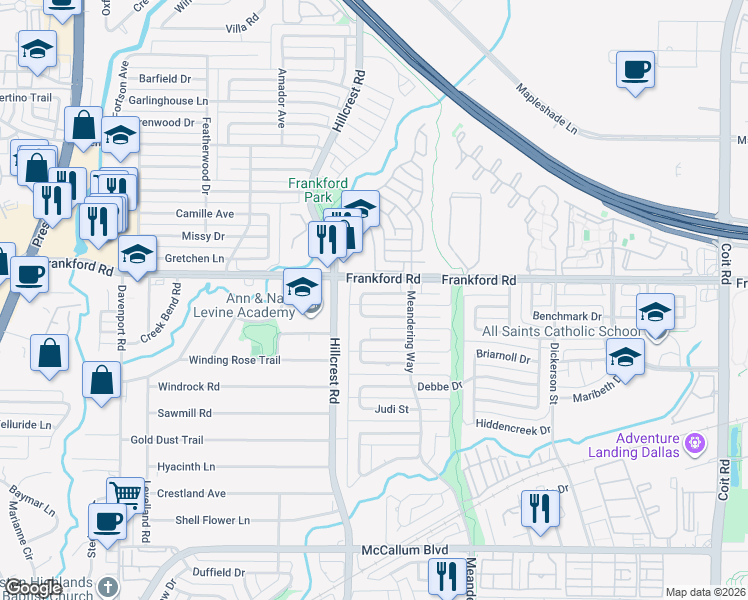 map of restaurants, bars, coffee shops, grocery stores, and more near 7020 Mumford Street in Dallas