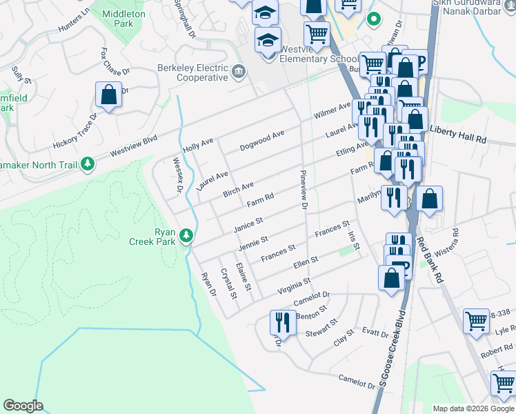 map of restaurants, bars, coffee shops, grocery stores, and more near 227 Farm Road in Goose Creek