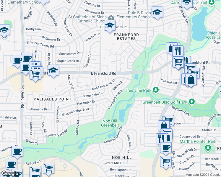 map of restaurants, bars, coffee shops, grocery stores, and more near 3001 Sierra Drive in Carrollton