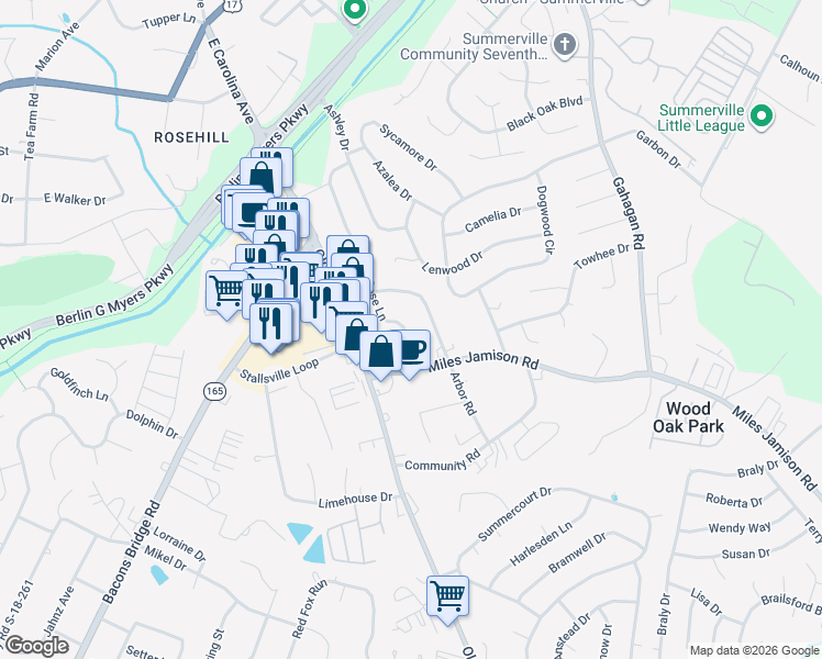 map of restaurants, bars, coffee shops, grocery stores, and more near 511 Rose Lane in Summerville