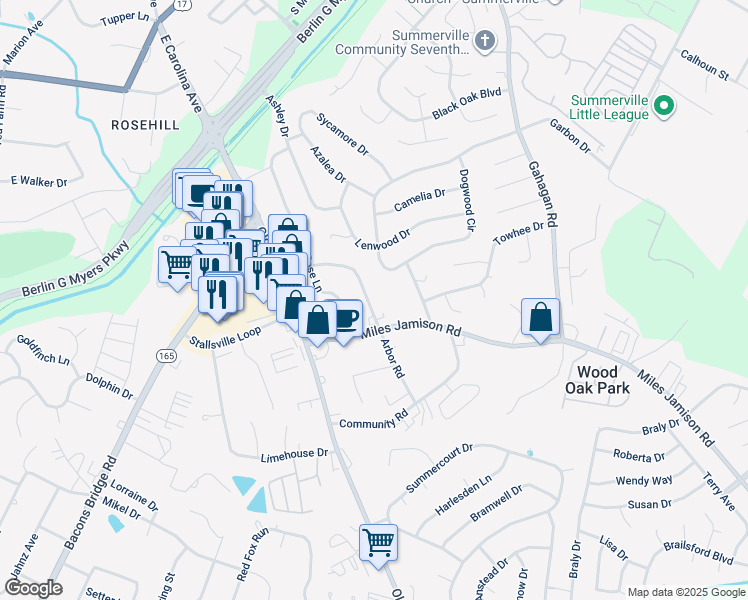 map of restaurants, bars, coffee shops, grocery stores, and more near 121 Arbor Road in Summerville