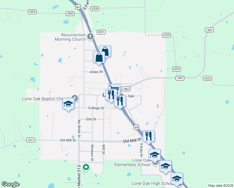 map of restaurants, bars, coffee shops, grocery stores, and more near in Lone Oak