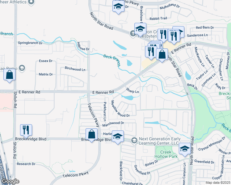 map of restaurants, bars, coffee shops, grocery stores, and more near 3317 Meadow Wood Drive in Richardson