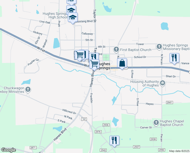 map of restaurants, bars, coffee shops, grocery stores, and more near 114 Farm to Market Road 250 in Hughes Springs