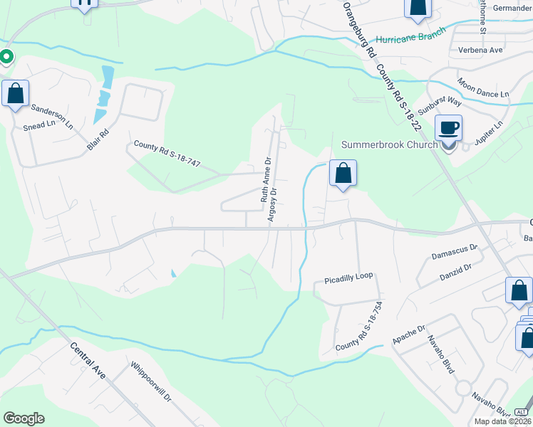 map of restaurants, bars, coffee shops, grocery stores, and more near 109 County Road S-18-410 in Summerville