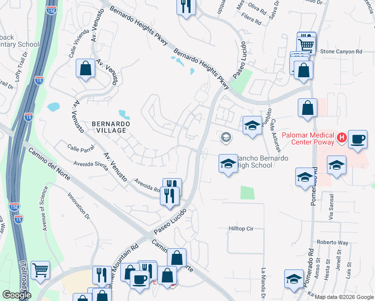 map of restaurants, bars, coffee shops, grocery stores, and more near 15498 Avenida Rorras in San Diego