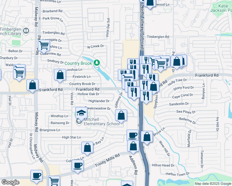 map of restaurants, bars, coffee shops, grocery stores, and more near 4456 Highlander Drive in Dallas