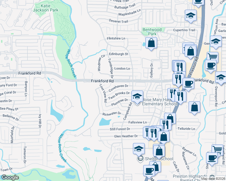 map of restaurants, bars, coffee shops, grocery stores, and more near 5620 Covehaven Drive in Dallas