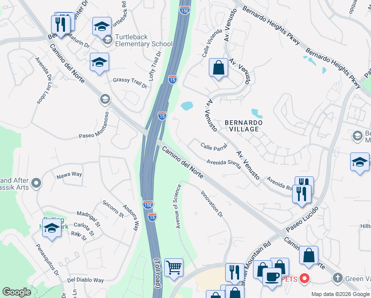 map of restaurants, bars, coffee shops, grocery stores, and more near 11713 Avenida Sivrita in San Diego