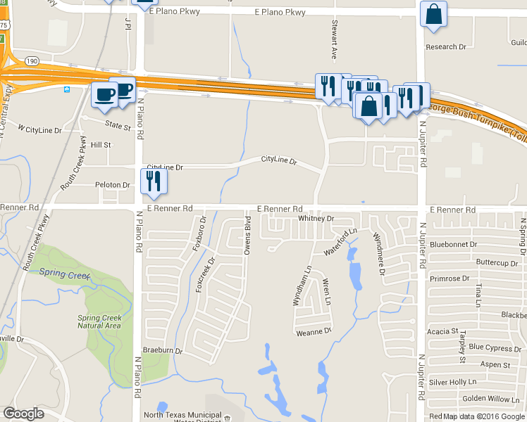 map of restaurants, bars, coffee shops, grocery stores, and more near 1701 Whitney Drive in Richardson