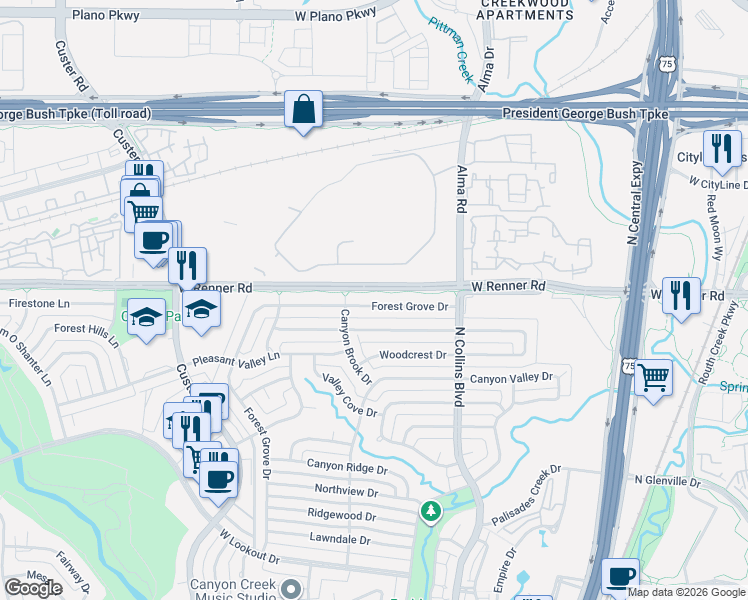 map of restaurants, bars, coffee shops, grocery stores, and more near 324 Forest Grove Drive in Richardson