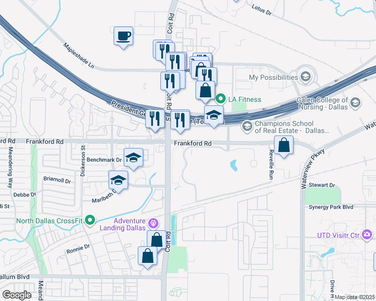 map of restaurants, bars, coffee shops, grocery stores, and more near 8011 Frankford Road in Dallas