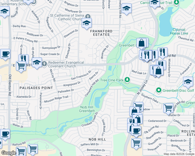map of restaurants, bars, coffee shops, grocery stores, and more near 3011 Cemetery Hill Road in Carrollton