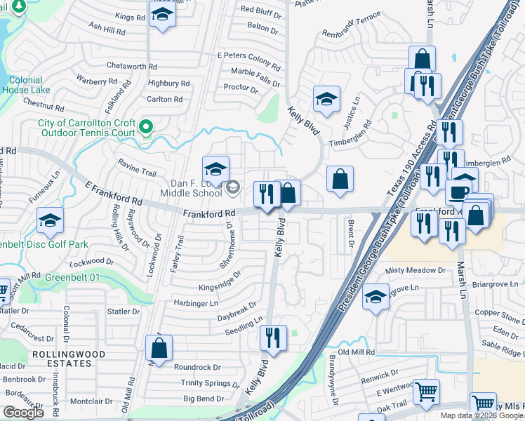 map of restaurants, bars, coffee shops, grocery stores, and more near 2628 Frankford Road in Dallas