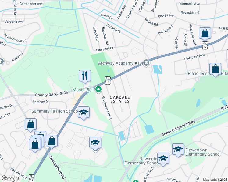 map of restaurants, bars, coffee shops, grocery stores, and more near 110 Co Road S-18-427 in Summerville