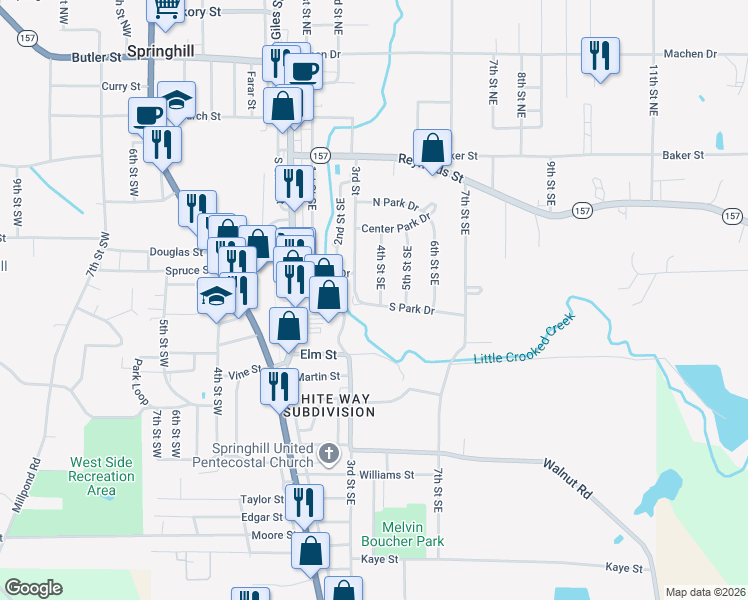 map of restaurants, bars, coffee shops, grocery stores, and more near 302 South Park Drive in Springhill