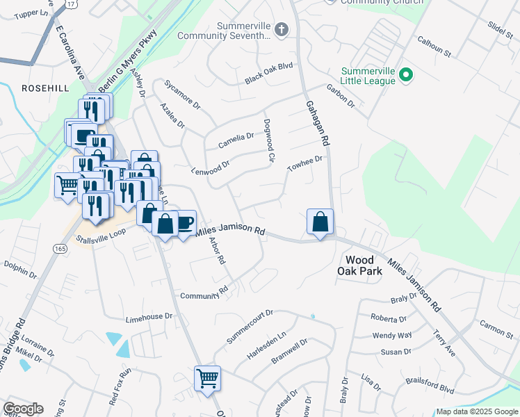 map of restaurants, bars, coffee shops, grocery stores, and more near 214 Towhee Drive in Summerville