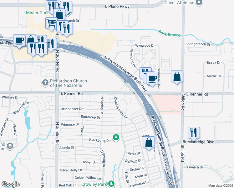 map of restaurants, bars, coffee shops, grocery stores, and more near 2608 East Renner Road in Richardson